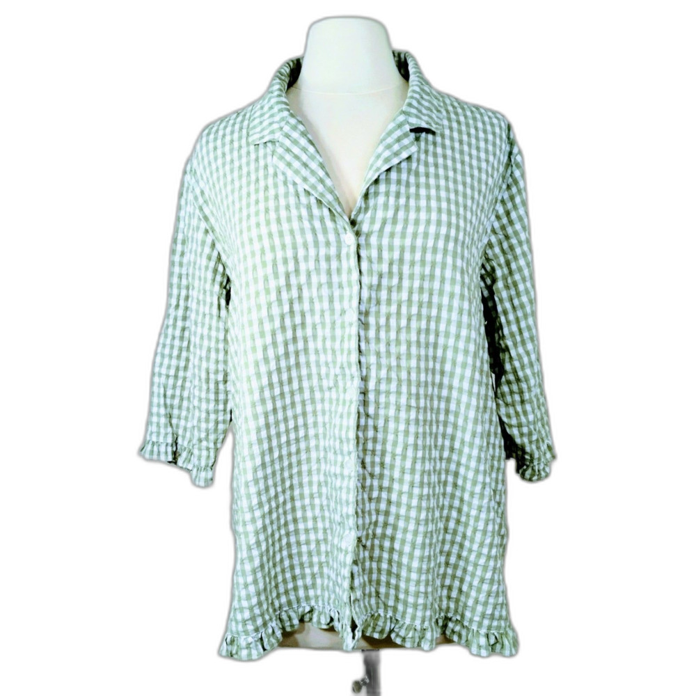 Vtg Denim&Co Womens Tunic Top Cotton Gingham Green White Check Ruffles Plus Size